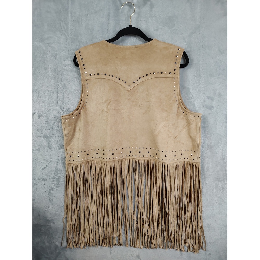 Rock and Roll Denim Studded Fringe Vest Tan Suede Look Women's XXL - Picture 4 of 10
